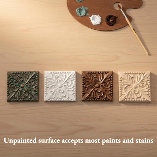 6x6cm Hand-Carved Wood Appliques, Unpainted Set of 4