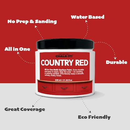 CHALK IT! All-in-One Multi-Surface Chalk Paint for Furniture & Cabinets - No Sanding, No Primer, Built-In Top Coat Water-Based, Low-Odor, Fast-Drying, Matte Finish (Country Red) - color: Country Red