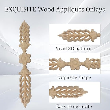 2Pcs Wood Appliques Onlays, Decorative Carved Wooden Trim for Furniture, Cabinet, Door, Bed, Wardrobe, DIY Unpainted Wood Decals, Smooth Surface 24.5x3.5cm/9.65”x1.38”