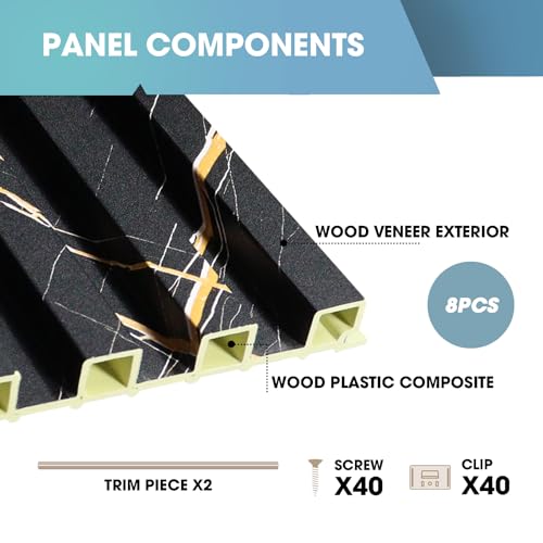 OUZUGIE WPC Acoustic Slat Wall Paneling, 8-Pack 114 x 6 Inches - color: Black marble, size: (High)114“ x 6"