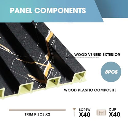 OUZUGIE WPC Acoustic Slat Wall Paneling, 8-Pack 114 x 6 Inches - color: Black marble, size: (High)114“ x 6"