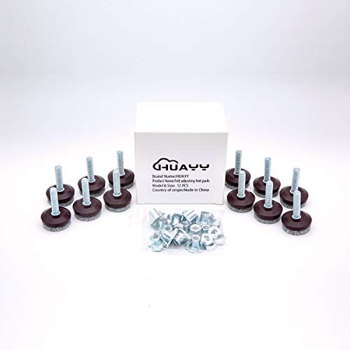 HUAYY 12 Pack Adjustable Furniture Leveling Feet, 1/4-20 Threaded Stem, Integrated Felt Pads for Hardwood Floors, Fit Table Chair Cabinet Sofa Legs, Brown Base with Gray Felt - size: 1 in(12 Pack)