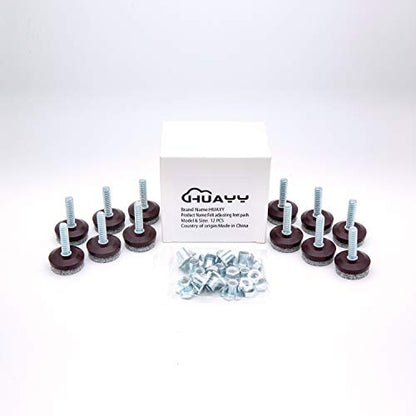 HUAYY 12 Pack Adjustable Furniture Leveling Feet, 1/4-20 Threaded Stem, Integrated Felt Pads for Hardwood Floors, Fit Table Chair Cabinet Sofa Legs, Brown Base with Gray Felt - size: 1 in(12 Pack)