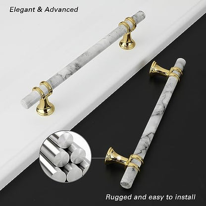 Rergy 10 Pack Cabinet Handles, White Marble & Polished Gold Pulls, 5" - color: White Marble & Gold, size: 5 inch (128mm) Hole Center