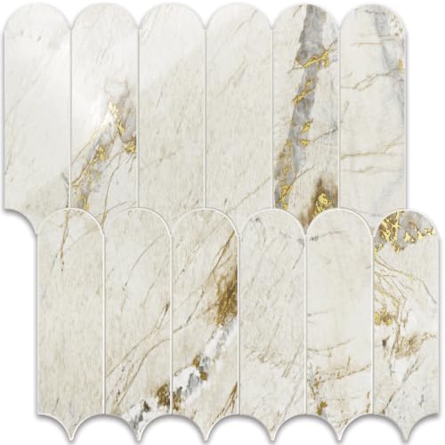 Vamos Tile Fish Scale Peel and Stick Backsplash Tile - color: Glossy Pandora Marble with Gold Veining