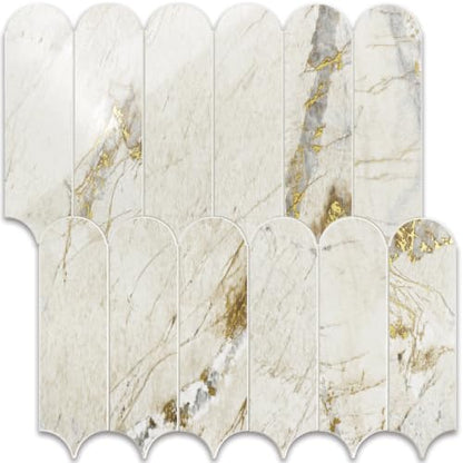 Vamos Tile Fish Scale Peel and Stick Backsplash Tile - color: Glossy Pandora Marble with Gold Veining