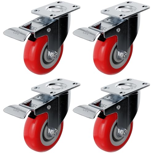 4 Pack Caster Wheels Swivel Plate Casters On Red Polyurethane Wheels (4 inch Plate) - size: 4 inch - No Brake