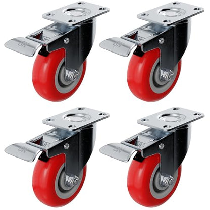 4 Pack Caster Wheels Swivel Plate Casters On Red Polyurethane Wheels (4 inch Plate) - size: 4 inch - No Brake