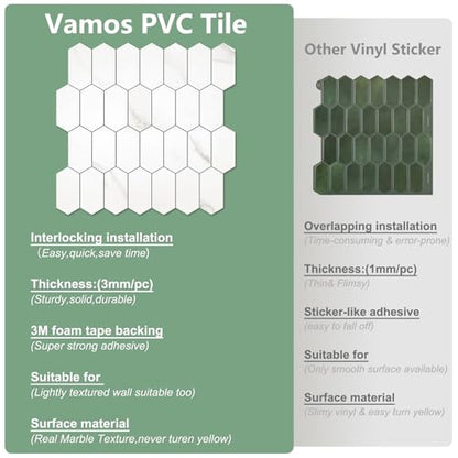 Vamos Tile Long Hexagon Peel and Stick Backsplash Tile - 10 Sheets Stick on Backsplash for Kitchen and Bathroom 12.4 x 12 Inch White Marble Look PVC Self Adhesive Mosaic Wall Tiles - color: ‎Statuary Marble Look