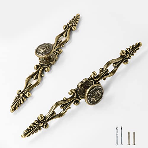 5pcs Antique Bronze Cabinet Knobs and Pulls, 5 inch Hole Centers Vintage Drawer Knobs with Plate, Retro Dresser Pulls Metal Cabinet Hardware for Drawer Dresser Closet
