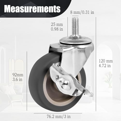 3 Inch Caster Wheels, Threaded Stem Casters Set of 4, Heavy Duty Wheel with Brake, Metric Size M8-1.25-25 (Screw Diameter 8mm, Screw Length 25mm) Casters for Wire Shelving, Furniture Dolly - style: M8-25