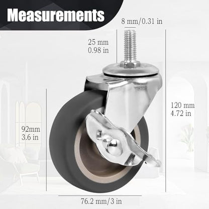 3 Inch Caster Wheels, Threaded Stem Casters Set of 4, Heavy Duty Wheel with Brake, Metric Size M8-1.25-25 (Screw Diameter 8mm, Screw Length 25mm) Casters for Wire Shelving, Furniture Dolly - style: M8-25