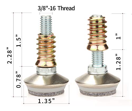 Leveling Feet 4PK with 3/8"-16 Thread Inserts and Felt Pads - size: D34mm Silver