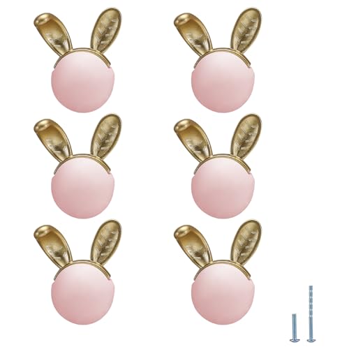 6 pcs Pink Rabbit Cute Cartoon Ceramic Cabinet Handles Kitchen knobs Door Pull Drawer Pulls for Kitchen Wardrobe Children's Room - color: pink rabbit