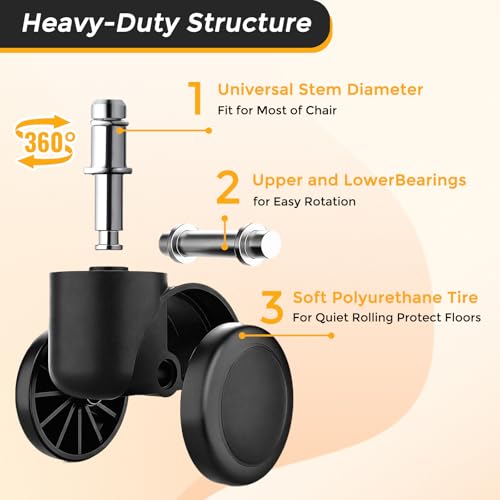 2" Office Chair Caster Wheels, 99% Universal Fit, Quiet Replacement 5 Pack - color: black