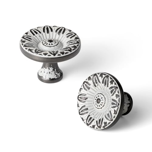 6 Pack Distressed Black & Cream Cabinet Knobs, Floral Drawer Pull - color: Distressed Black & Cream