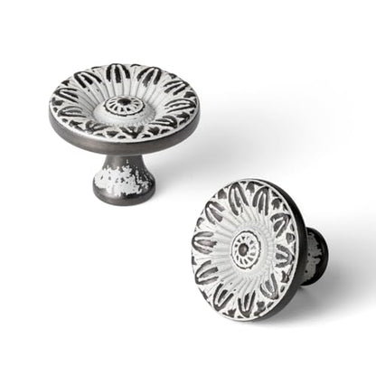 6 Pack Distressed Black & Cream Cabinet Knobs, Floral Drawer Pull - color: Distressed Black & Cream
