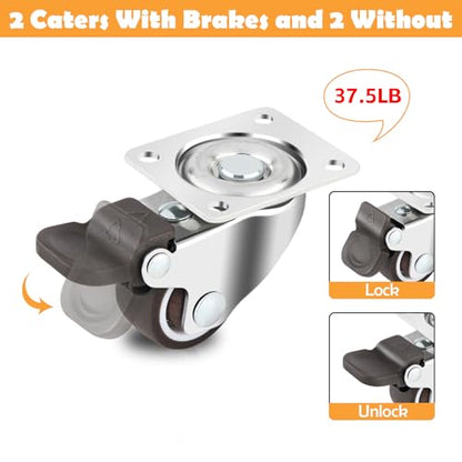 HOWDIA 1.5" Caster Wheels Low Profile Casters Set of 4 Heavy Duty, 360 Degree Rotation Furniture Casters Top Plate Soft Rubber Wheels for Furniture, 150 Lb Total Capacity(2 with Brakes & 2 Without) - style: 1.5" Square