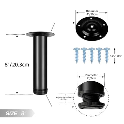 QLLY 8 Inch Adjustable Metal Coffee Table Legs, Heavy Duty Round Furniture Legs with 1” Leveling Feet for Ottoman, Bench, End Table and Sofa Replacement, Set of 4 (Black) - color: Black, size: 8 inch