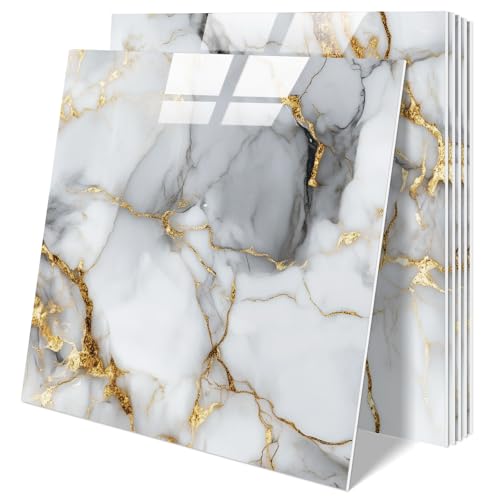 10 Sheets Marble Peel and Stick Backsplash Tile, 12"x12" Waterproof PVC Self Adhesive Tile Shower Wall Panels for Bathroom, Kitchen, Living Room (Metallic White) - color: Metallic White