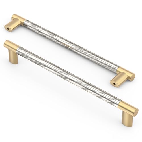 Asidrama 10 Pack 7.5 Inch(192mm) Knurled Gold and Brush Satin Nickel Kitchen Cabinet Handles, Cabinet Pulls Kitchen Cabinet Hardware Cupboard Handles Drawer Pulls 4496A - color: Gold-Nickel, size: 7.5" Hole Center(192mm)