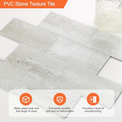 10 Sheets Gray Stone PVC Subway Tiles Peel and Stick Backsplash,12''Heat Resistant Stick on Tiles for Kitchen,Waterproof Peel and Stick Wall Tiles for Bathrrom - color: Light Gray Stone