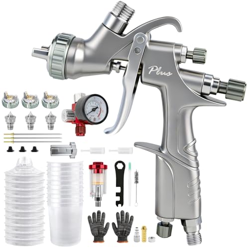 A610 LVLP Air Spray Gun Premium Kits, Upg R500 Paint Sprayer with 1.3/1.5/1.7mm Nozzles & Air Regulator, 10x 650ml Disposable Cups, Automotive Paint Gun for House, Cars, Fence, Varnish&Top Coat - color: Silver 3