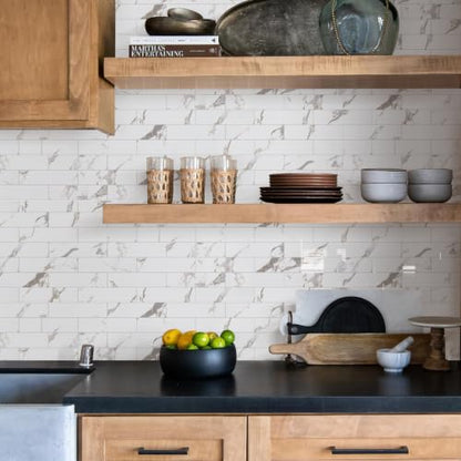 Vamos Tile Peel & Stick Backsplash on Subway Tile,40-Pack 3''x12'',Glossy - color: White Marble with White Grout