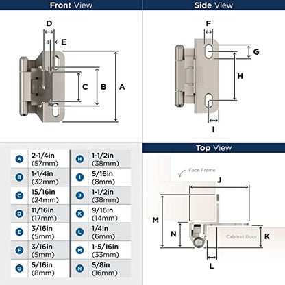 Amerock 1 Pair 1/4" Overlay Satin Nickel Partial Wrap Cabinet Hinge - color: Satin Nickel, size: 1/4 Inch (6 mm) Overlay