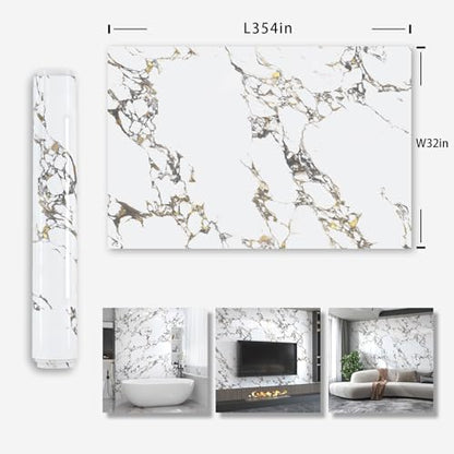 White Gold Marble Granite Contact Paper peel and stick for Kitchen Bathroom Countertops cabinets Wallpapers 32x354inch Thicken Vinyl laminate Wall Counter top sticker Wrapping apartment friendly paper - color: White Gold, size: 32" x 354"
