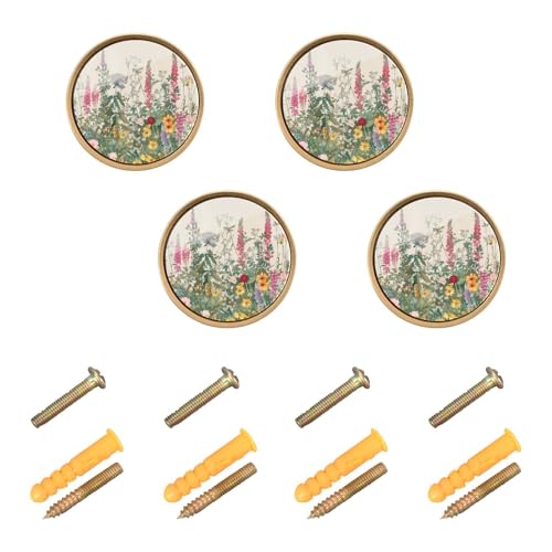4 Pack Vintage Wild Flowers Cabinet Knobs Round 1-1/4 Inch (32 mm) Dresser Drawer Pulls Kitchen Cabinet Hardware Handles Knobs for Dresser Kitchen Drawer - color: A01