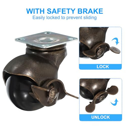 PATIKIL 1.5 Inch Ball Caster Wheels with Brake, 4 Pack 360° Rotating Swivel Top Plate Wheels 298 lbs Total Capacity Locking Caster with M4 Screws for Furniture Table Cabinet Bronze - color: Bronze, size: 1.5 Inch