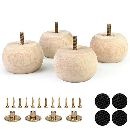 2 Inch Wood Furniture Legs Set of 4 Round Bun Feet Dresser Cabinet Sofa - size: 2inch