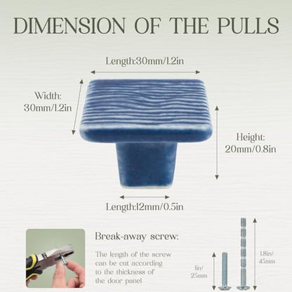 6 Pack Ceramic Drawer Pulls Square Cabinet Pulls Blue Drawer Knobs Wavy Natural Cabinet Handles Cute Dresser Knobs Boho Drawer Pull - color: Blue