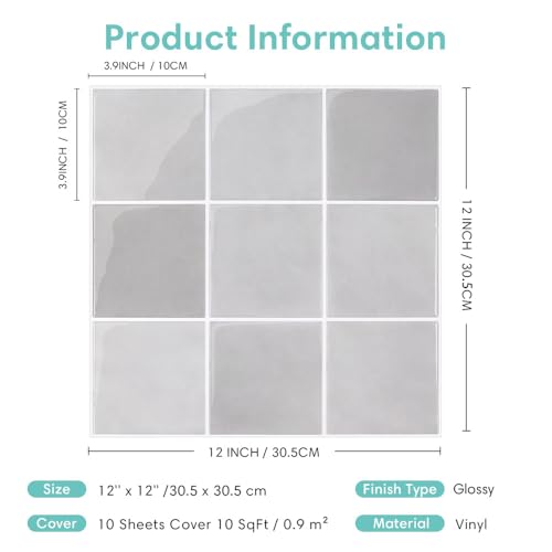 Commomy Thicker Peel and Stick Tiles 10 pcs of 12" x 12" Grey - color: Glossy Gradient Grey & Thicker Design