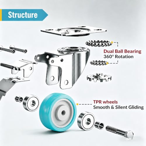 4 Inch Caster Wheels Heavy Duty with Dual-Lock Safety Brake and Rubber Tire Wheels, Heavy Duty - 600 Lbs Per Caster for Workbench, Trolley, Cabinet, TPR Silent Caster 4-Packs with mounting Hardware - size: 4 Inch 4 pack
