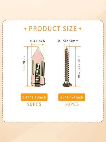 Self Drilling Drywall Anchors with Screws Kit 100Pcs- 50 Sheetrock Anchors 50 Zinc Expansion Screws New Upgraded Zinc Plated Steel No Drill or Holes in Wall,for Wall Hanging,Cabinets,Holds Up to 80LB - size: MDZT-100PCS