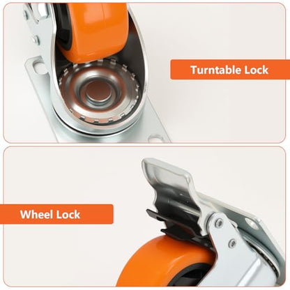 3 Inch Heavy Duty Casters Set of 4, 2 Rigid + 2 Locking, Orange PU