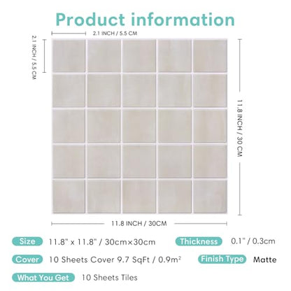 Commomy Matte 3D Peel and Stick Backsplash for Kitchen,10 Pcs 11.8"x11.8" - color: Textured Beige Gradient