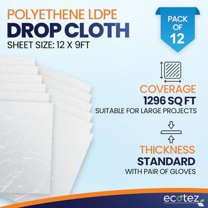 12 Pack 12 x 9 ft Extra Large Plastic Drop Cloth for Painting - size: 12 Pack-Standard