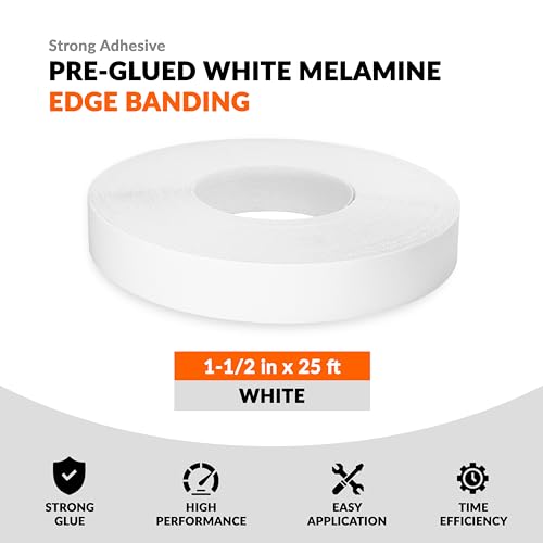 White Edge Banding 1 1/2 inch x 25 ft Melamine Iron On Adhesive Edging Cabinet Repair Laminate Shelf Board Countertop Furniture Strip Wood Veneer Tape Trim Peel Stick Cabinet Molding Vinyl PVC Iron - color: White, size: 1-1/2 in x 25 ft