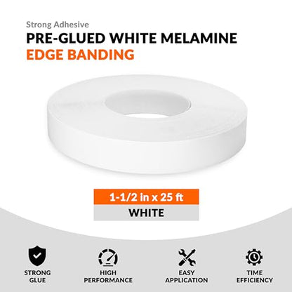 White Edge Banding 1 1/2 inch x 25 ft Melamine Iron On Adhesive Edging Cabinet Repair Laminate Shelf Board Countertop Furniture Strip Wood Veneer Tape Trim Peel Stick Cabinet Molding Vinyl PVC Iron - color: White, size: 1-1/2 in x 25 ft