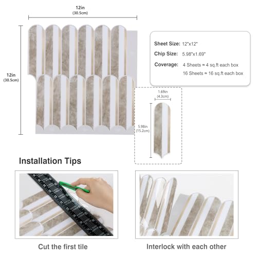 CRE8TIVE 4 Sheets Long Fish Scale Tile Peel and Stick Backsplash for Kitchen and Bathroom Adhesive Backsplash Stick on Wall Tiles Peel and Stick Shower Tile Waterproof 12"x12" White Brown Slate Tiles - color: White Brown, size: 12"x12" (4-Sheets)