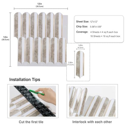 CRE8TIVE 4 Sheets Long Fish Scale Tile Peel and Stick Backsplash for Kitchen and Bathroom Adhesive Backsplash Stick on Wall Tiles Peel and Stick Shower Tile Waterproof 12"x12" White Brown Slate Tiles - color: White Brown, size: 12"x12" (4-Sheets)