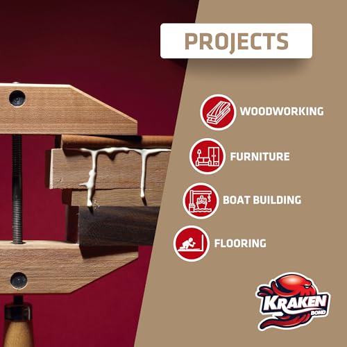 Kraken Bond D4 Fast Drying Wood Glue - (1x13.5 fl.oz.) Marine Grade Waterproof Polyurethane Glue for Outdoor, Boat, Furniture, Woodworking, Carpentry, Heavy Duty Marine Carpet Glue - 1 Pack - size: 1 Pack, style: D4 Marine Wood Glue
