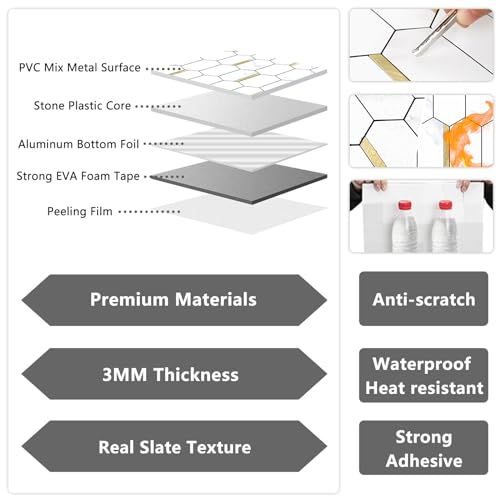Vamos Tile Long Hexagon Peel and Stick Backsplash Tile - 10 Sheets Stick on Backsplash for Kitchen and Bathroom 12.4 x 12 Inch White Marble Look PVC Mixed Metal Gold Self Adhesive Mosaic Wall Tiles - color: ‎Statuary Marble Look with Gold Metal