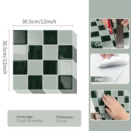10 Sheets Upgraded Thicker Design Tile Peel and Stick Backsplash - color: Green
