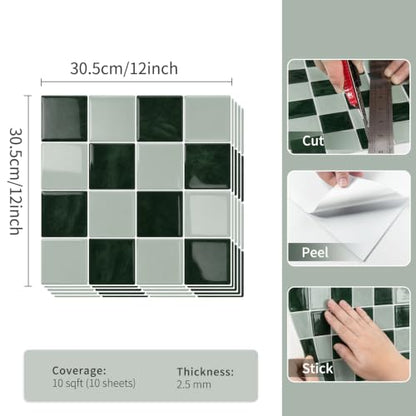 10 Sheets Upgraded Thicker Design Tile Peel and Stick Backsplash - color: Green