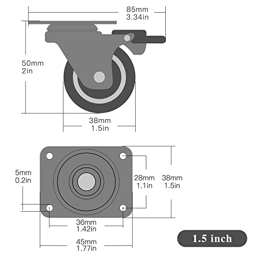 1.5" Caster Wheels Set of 4, Furniture Casters with Brake, No Noise Locking Rubber Wheels, Plate Swivel Small Caster Wheels, Suitable for Workbench, Table - style: 1.5 " With brakes