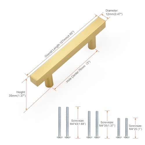 Probrico Brushed Brass Cabinet Pulls & Handles 3" CC Square 5 Pack - color: Brushed Brass, size: Hole Center: 76mm(3inch)